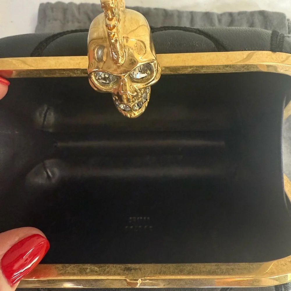 Alexander McQueen Black Leather Skull Box Clutch Bag.